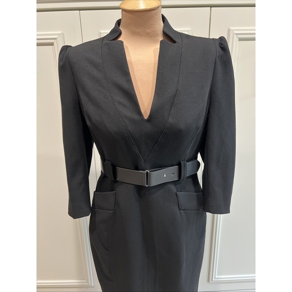 Karen Millen Women's Structured Black Crepe Belted Midi Dress Size US 8 Designer - Picture 2 of 8
